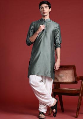 Green Woven Design Viscose Kurta For Men