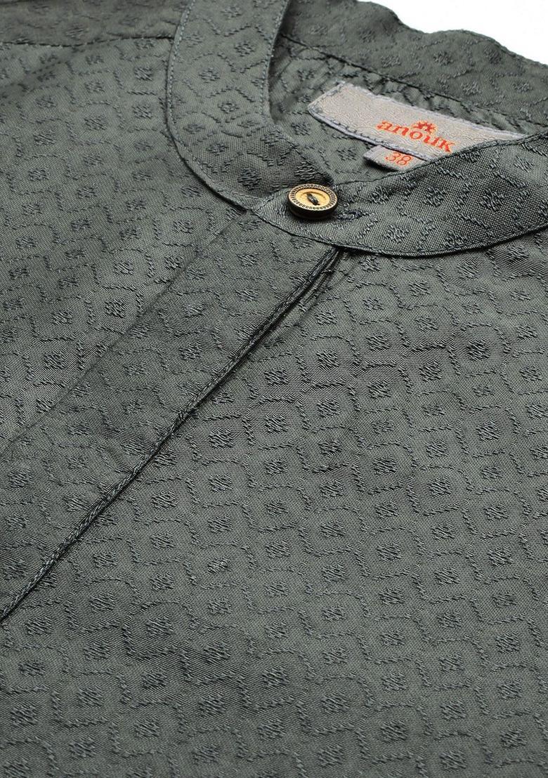 Green Woven Design Viscose Kurta For Men - Indya