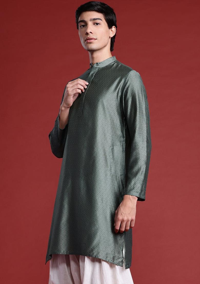 Green Woven Design Viscose Kurta For Men - Indya