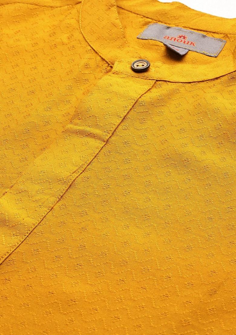 Yellow Woven Design Viscose Kurta For Men - Indya