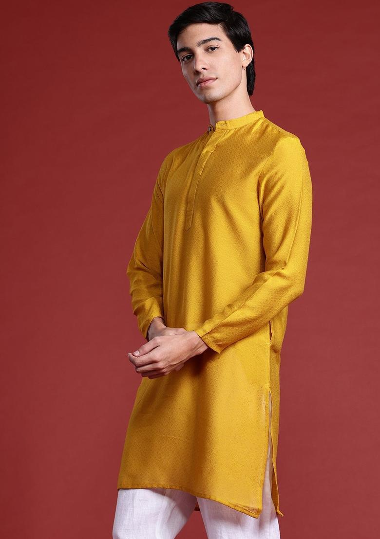 Yellow Woven Design Viscose Kurta For Men - Indya
