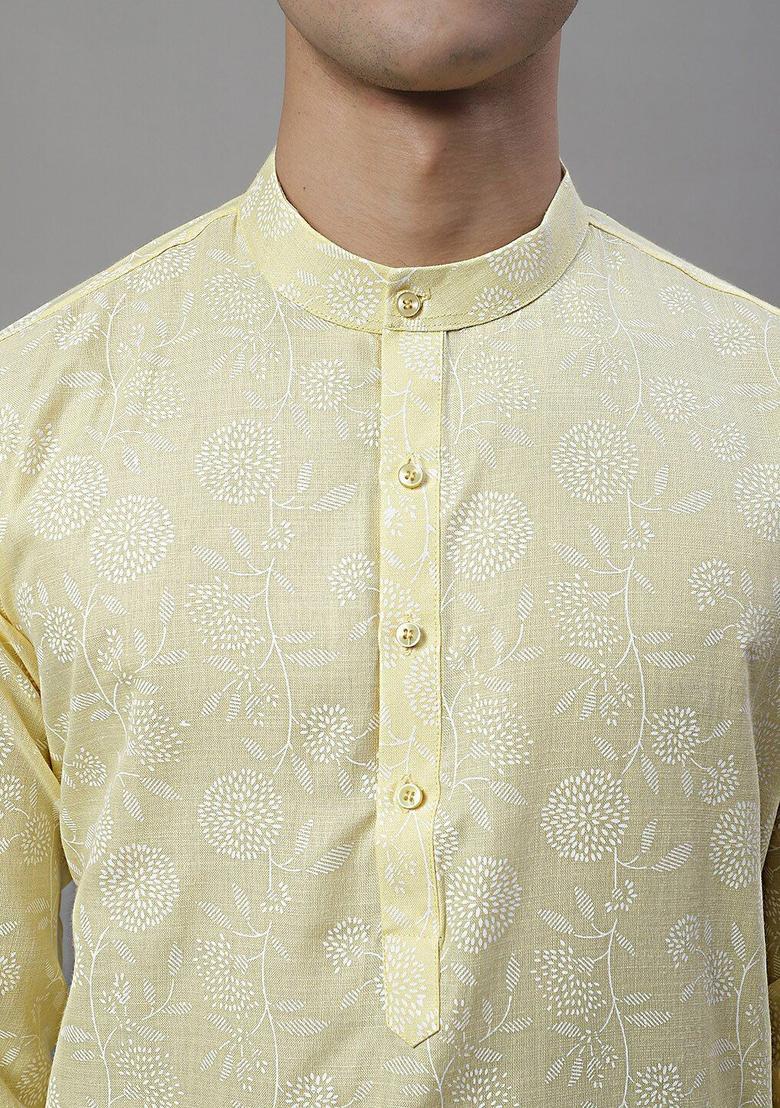 Yellow Printed Cotton Kurta For Men - Indya