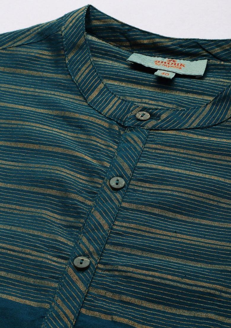 Blue Striped Cotton Kurta For Men - Indya