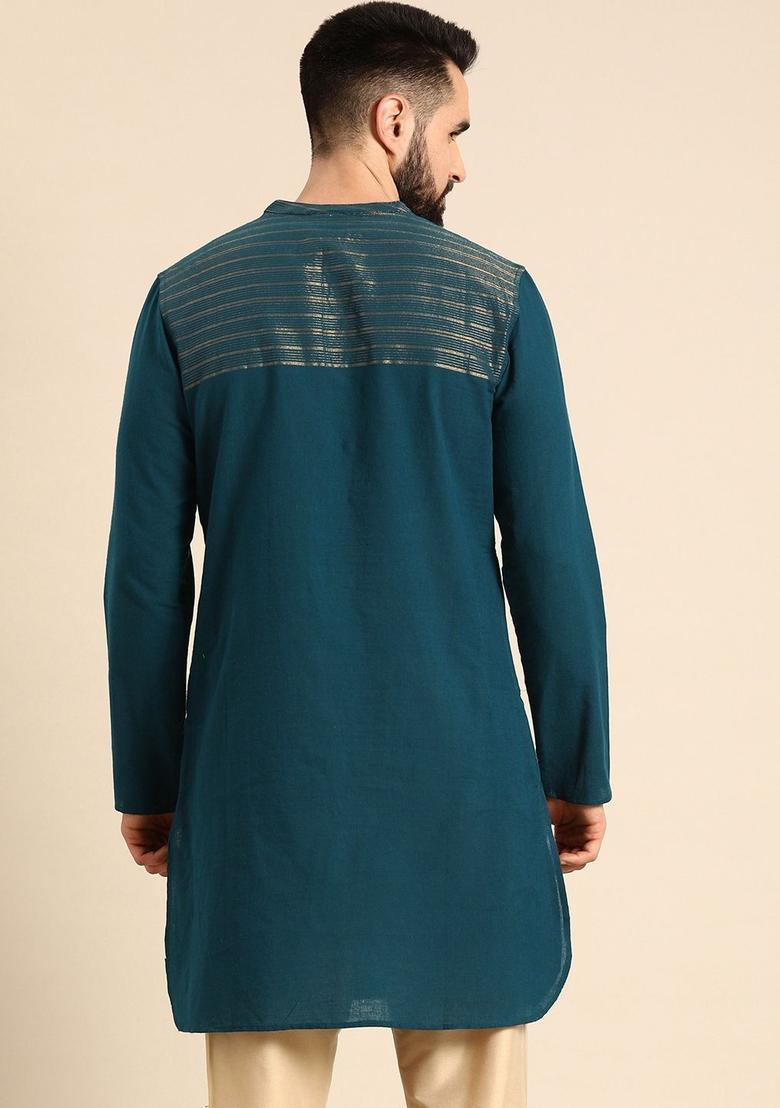 Blue Striped Cotton Kurta For Men - Indya