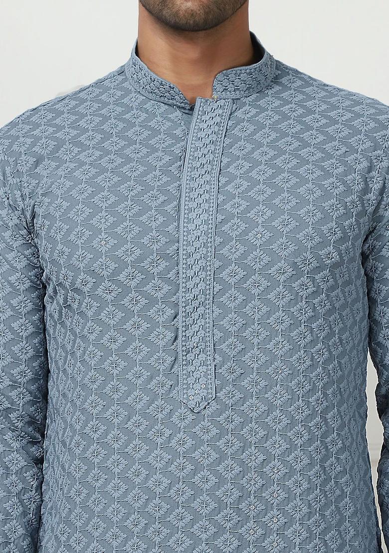 Grey Embroidered Viscose Kurta For Men - Indya