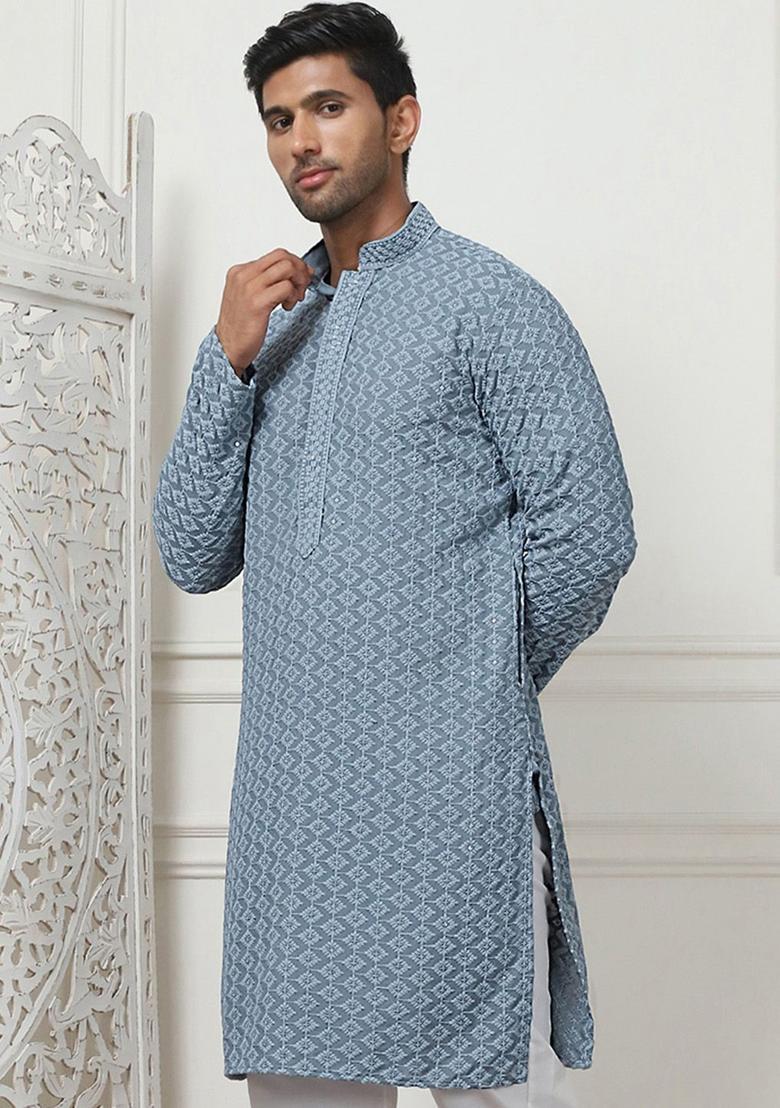 Grey Embroidered Viscose Kurta For Men - Indya