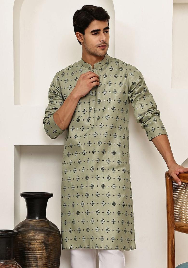 Green Printed Cotton Kurta For Men - Indya