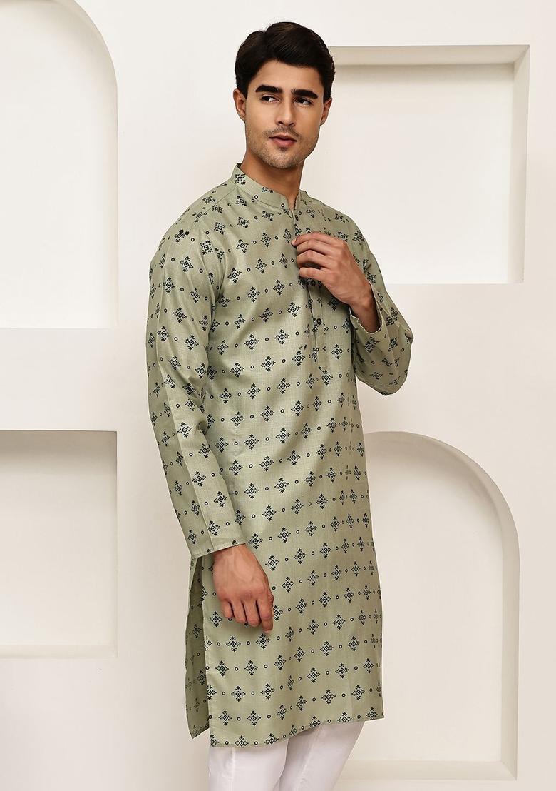 Green Printed Cotton Kurta For Men - Indya