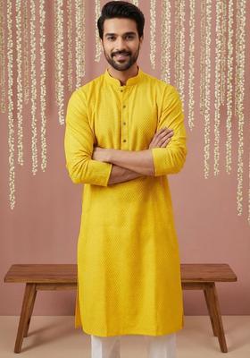 Yellow Embroidered Viscose Kurta For Men