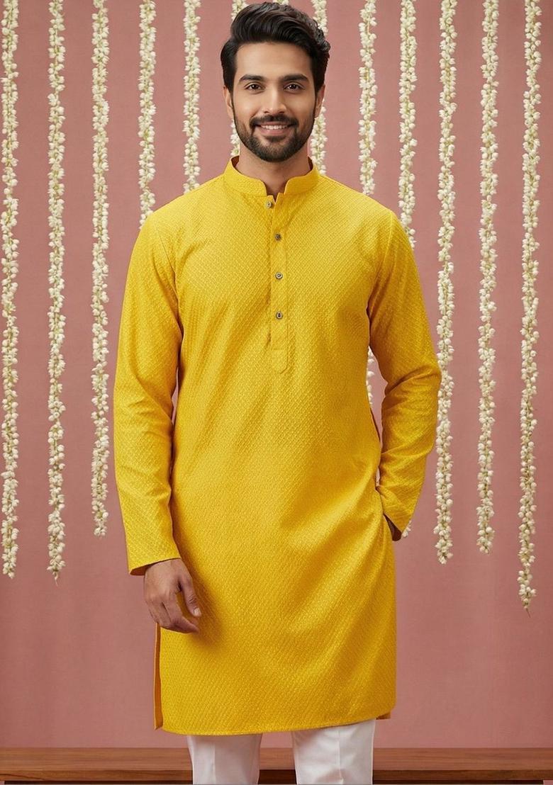Yellow Embroidered Viscose Kurta For Men - Indya