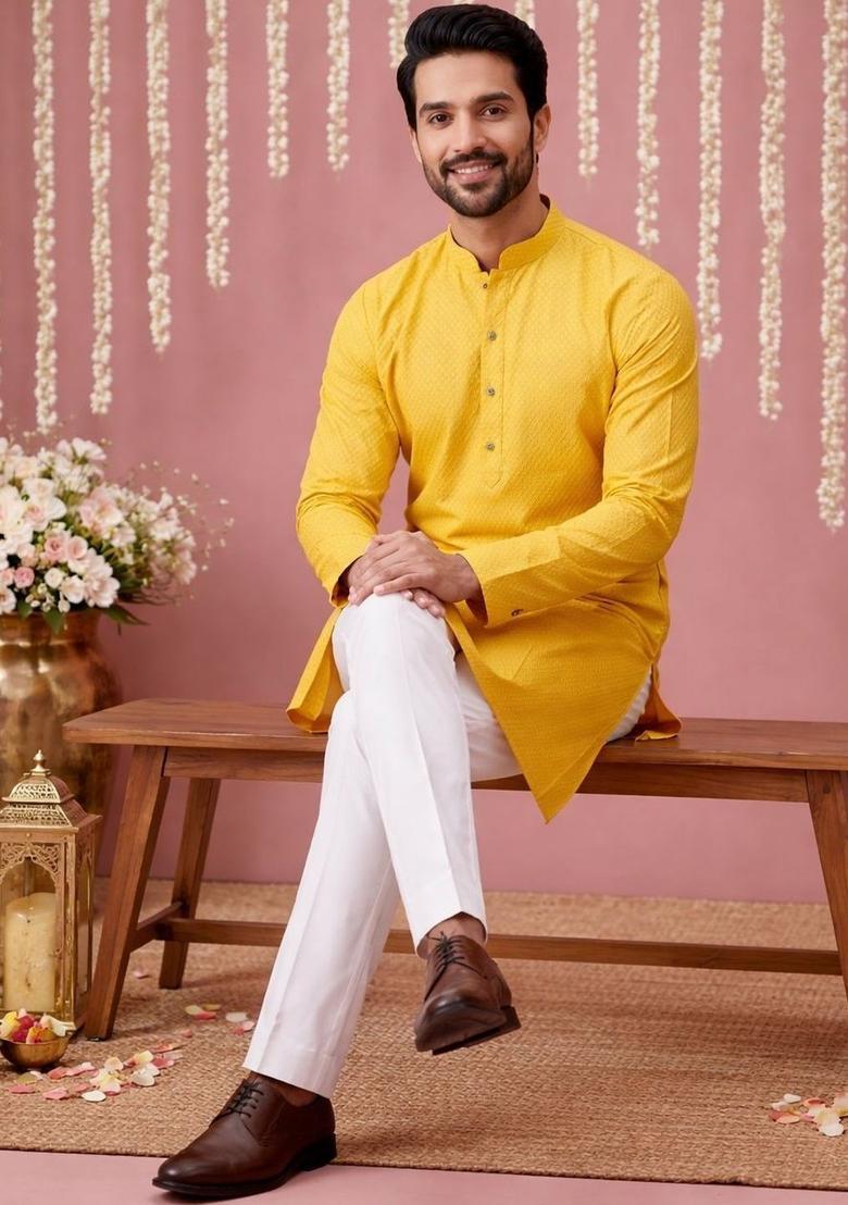 Yellow Embroidered Viscose Kurta For Men - Indya