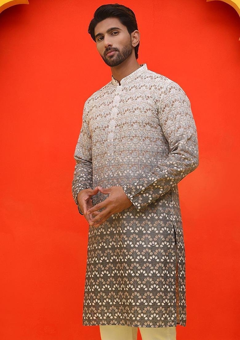 Grey Printed Cotton Kurta For Men - Indya