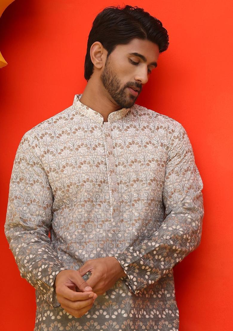 Grey Printed Cotton Kurta For Men - Indya