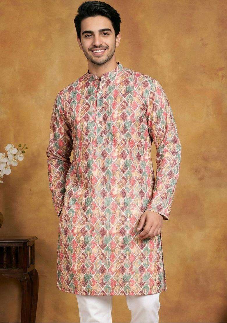 Multi Printed Cotton Kurta For Men - Indya