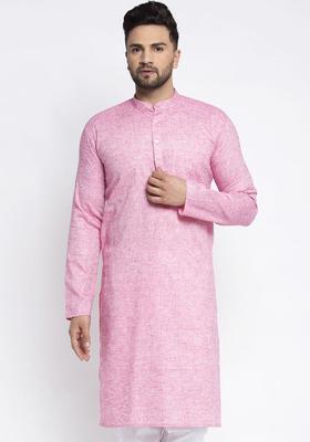 Pink Woven Design Cotton Kurta For Men