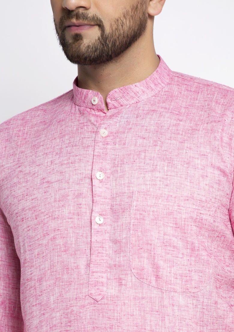 Pink Woven Design Cotton Kurta For Men - Indya