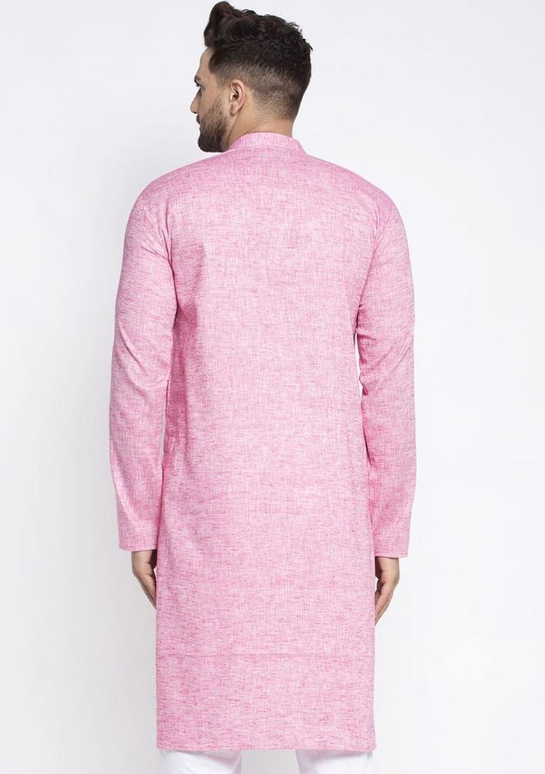Pink Woven Design Cotton Kurta For Men - Indya