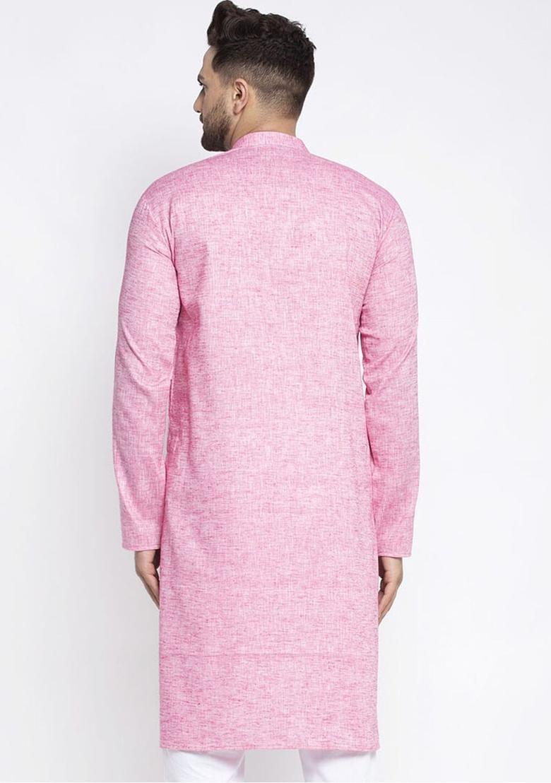 Pink Woven Design Linen Kurta For Men - Indya