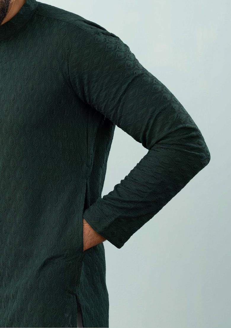 Green Embroidered Viscose Kurta For Men - Indya