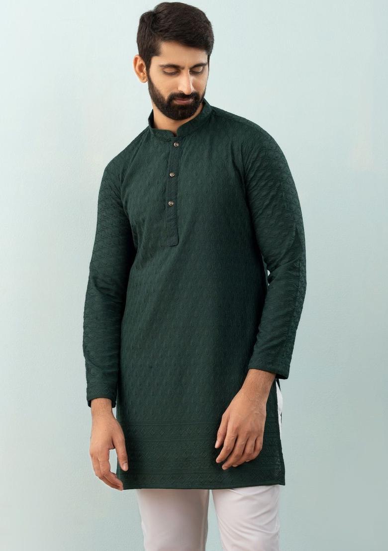 Green Embroidered Viscose Kurta For Men - Indya
