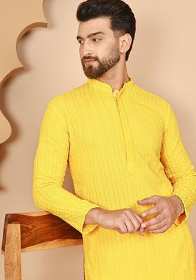 Yellow Embroidered Viscose Kurta For Men
