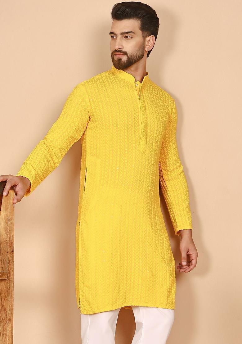 Yellow Embroidered Viscose Kurta For Men - Indya