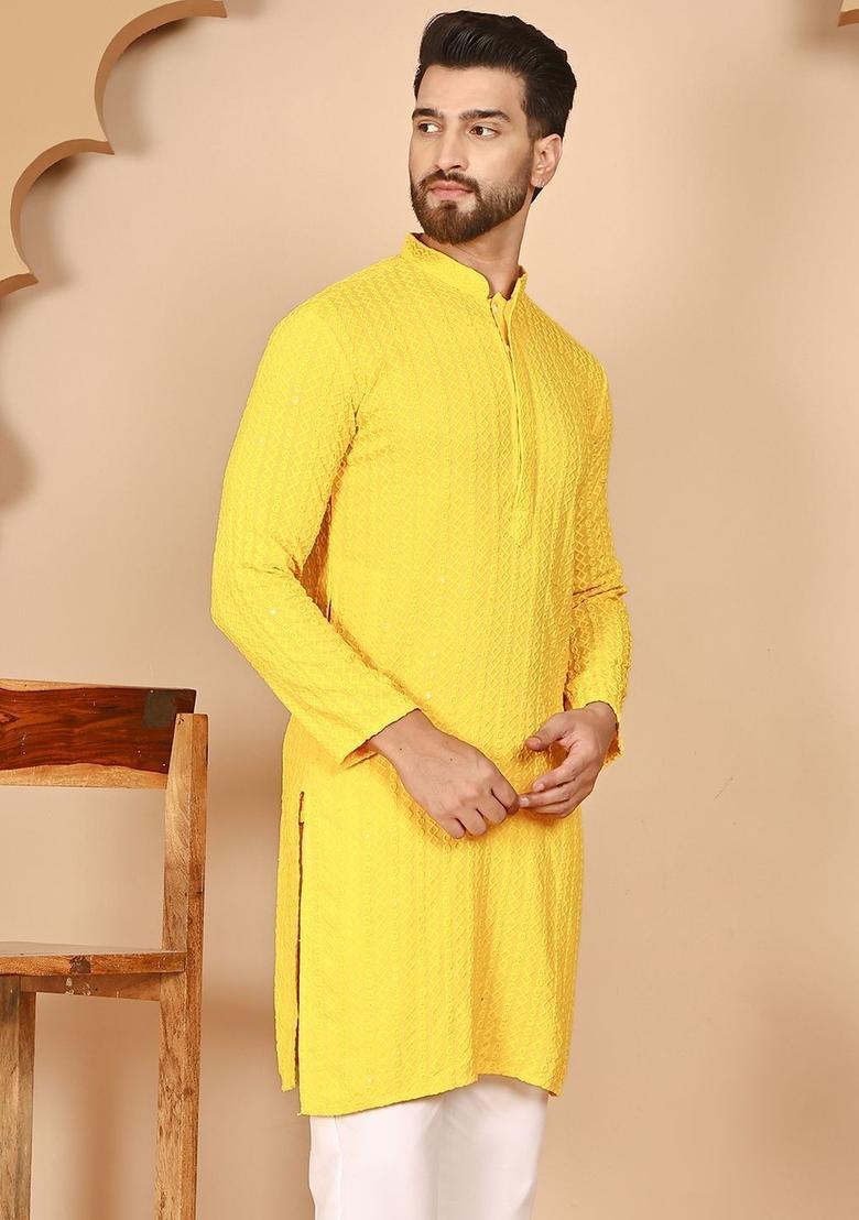 Yellow Embroidered Viscose Kurta For Men - Indya