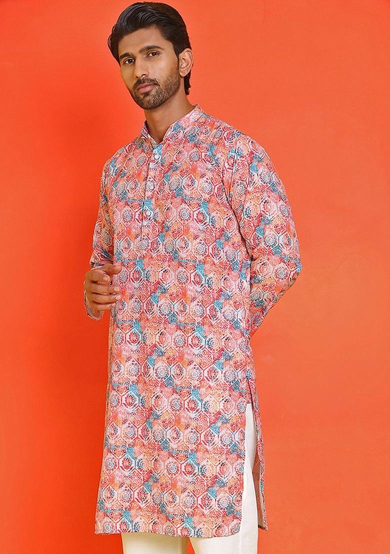 Red Printed Silk Kurta For Men - Indya