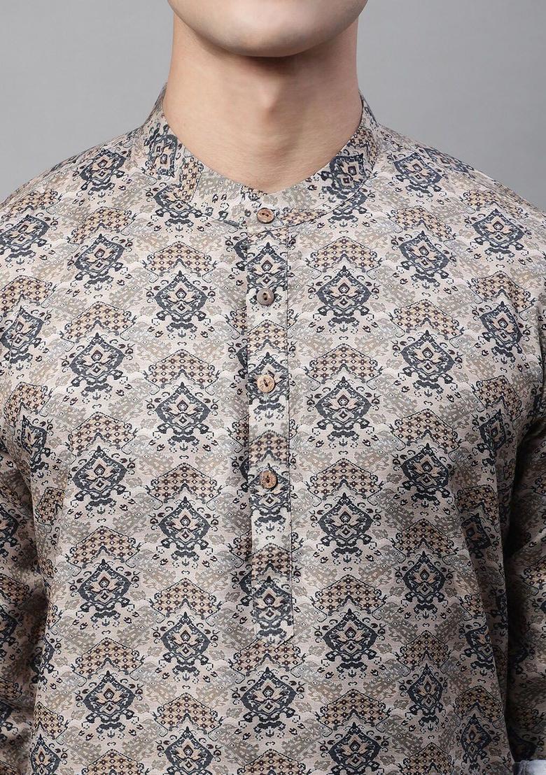 Beige Printed Cotton Kurta For Men - Indya