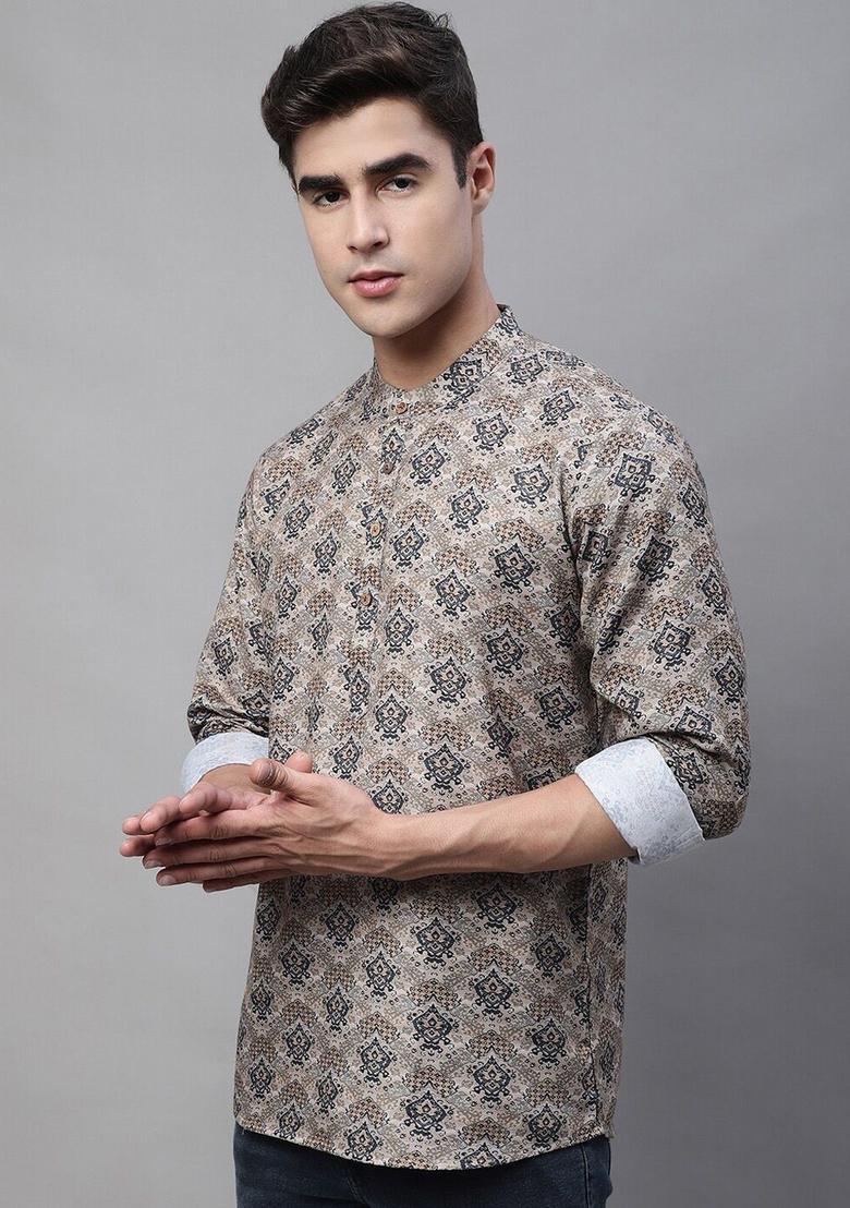 Beige Printed Cotton Kurta For Men - Indya