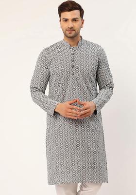 Grey Woven Design Cotton Kurta For Men