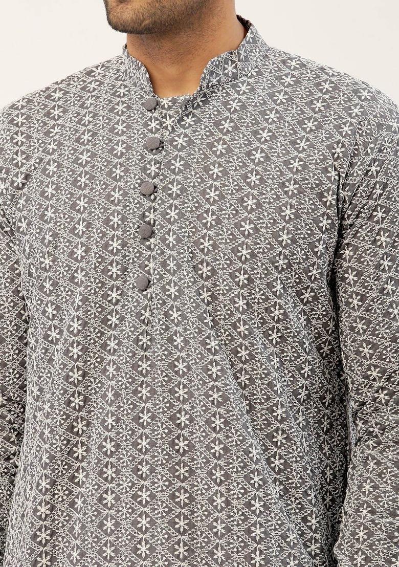 Grey Woven Design Cotton Kurta For Men - Indya