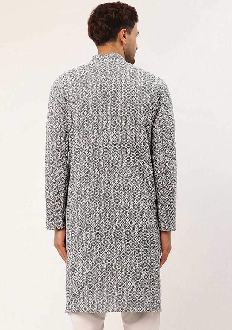 Grey Woven Design Cotton Kurta For Men - Indya