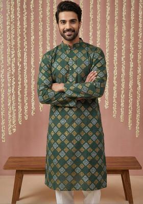 Olive Printed Cotton Kurta For Men