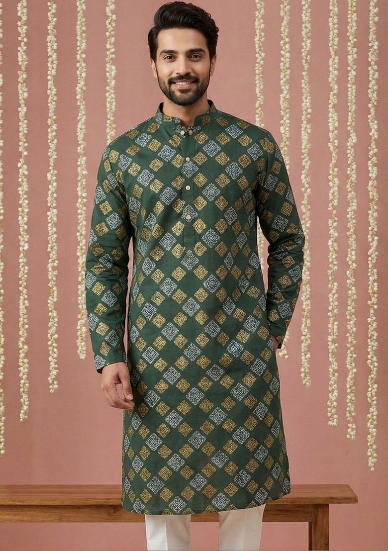 Olive Printed Cotton Kurta For Men - Indya