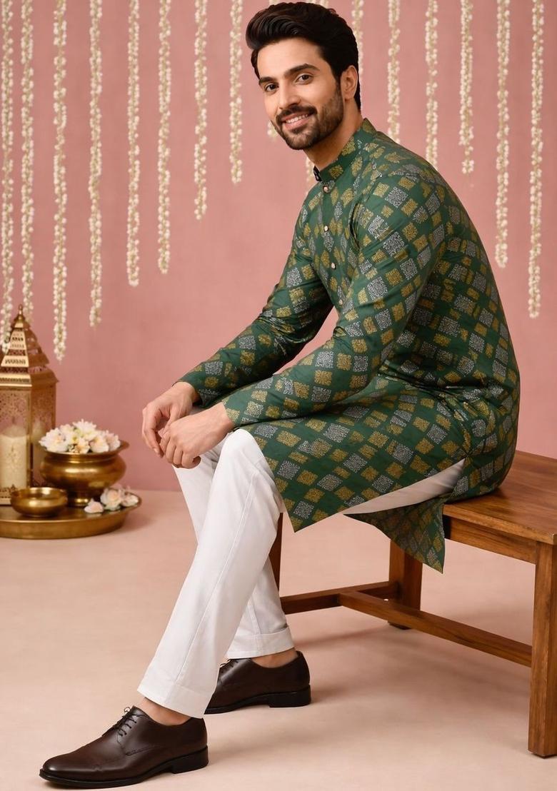 Olive Printed Cotton Kurta For Men - Indya