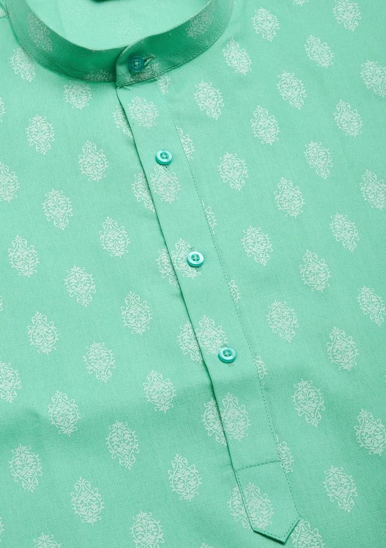 Green Woven Design Cotton Kurta For Men - Indya
