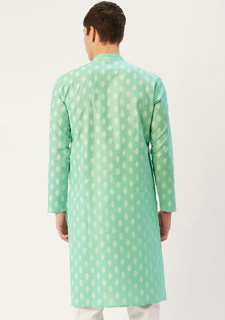 Green Woven Design Cotton Kurta For Men - Indya