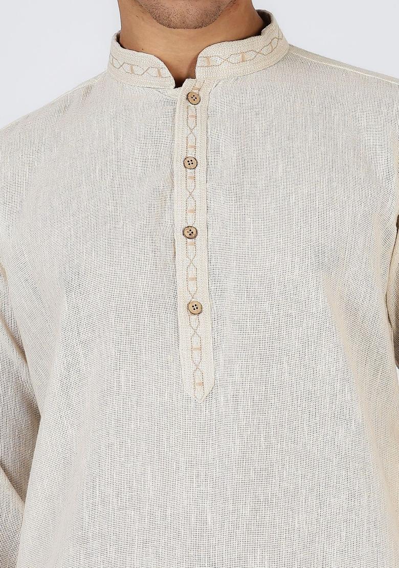 White Solid Cotton Kurta For Men - Indya