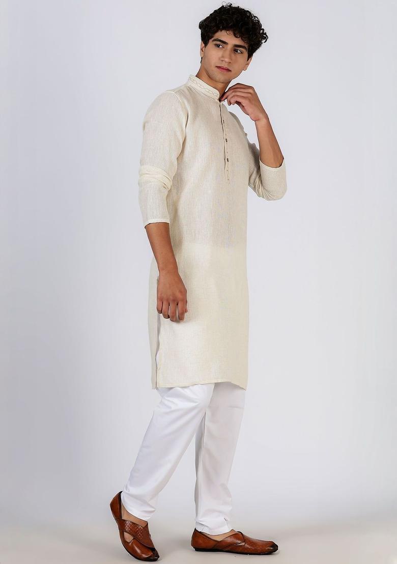 White Solid Cotton Kurta For Men - Indya