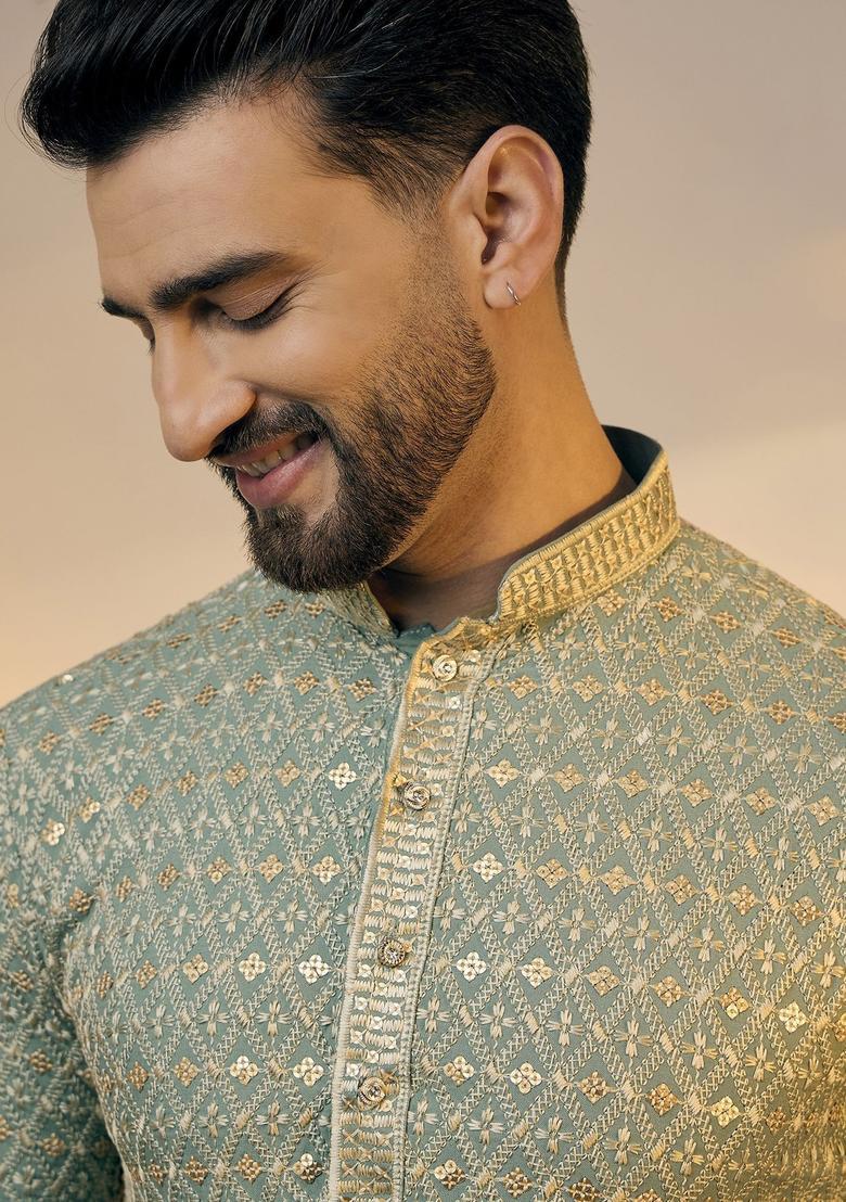 Green Embroidered Cotton Kurta For Men - Indya