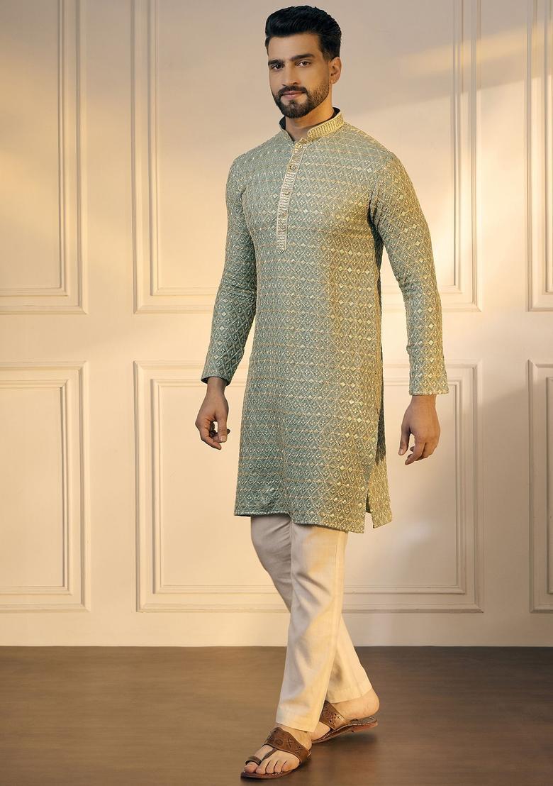 Green Embroidered Cotton Kurta For Men - Indya
