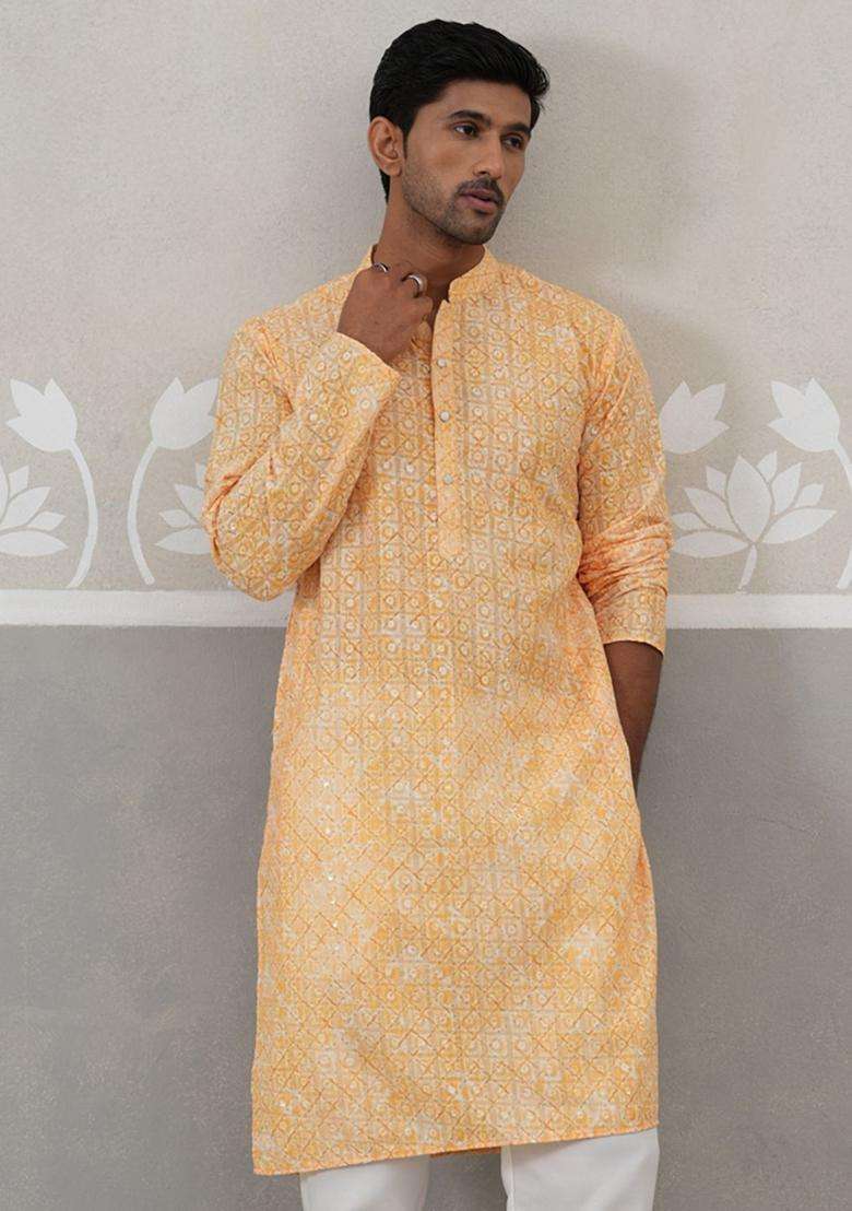 Orange Embroidered Polyester Kurta For Men - Indya