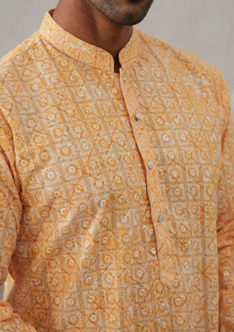 Orange Embroidered Polyester Kurta For Men - Indya