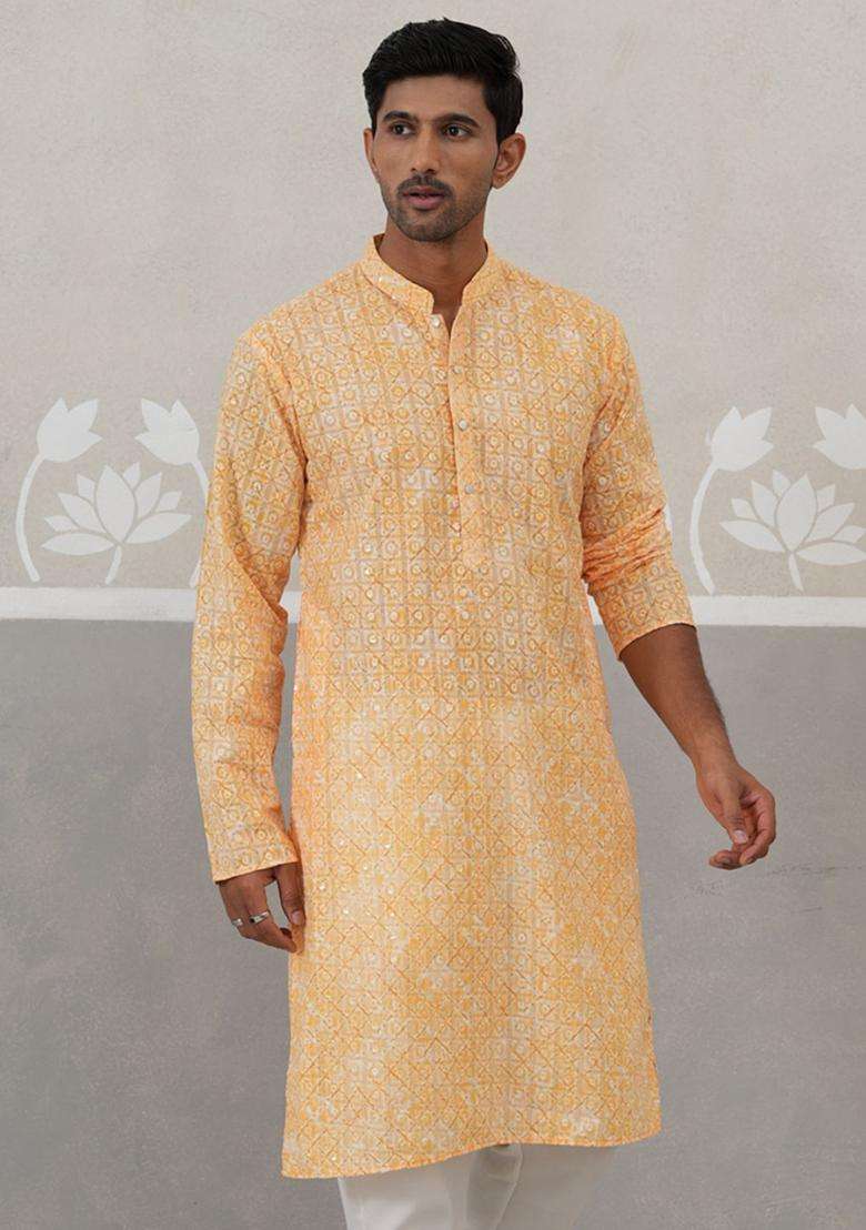 Orange Embroidered Polyester Kurta For Men - Indya