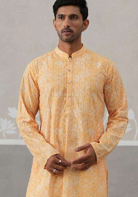 Orange Embroidered Polyester Kurta For Men