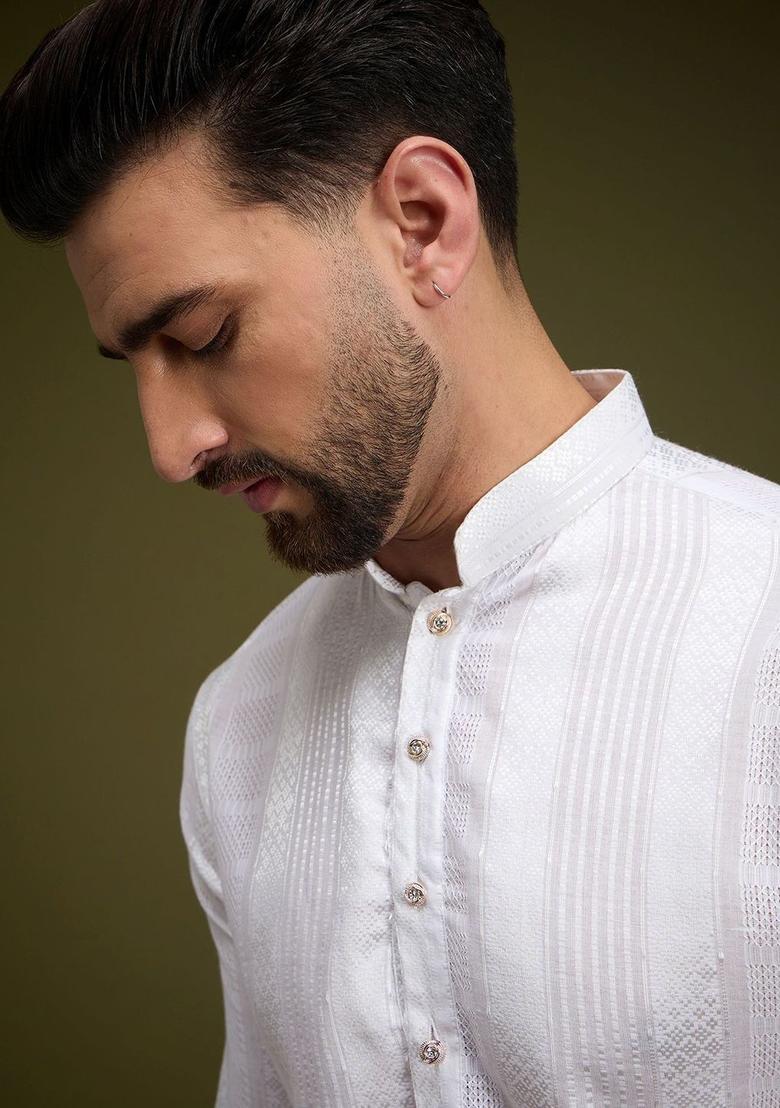 White Embroidered Cotton Kurta For Men - Indya
