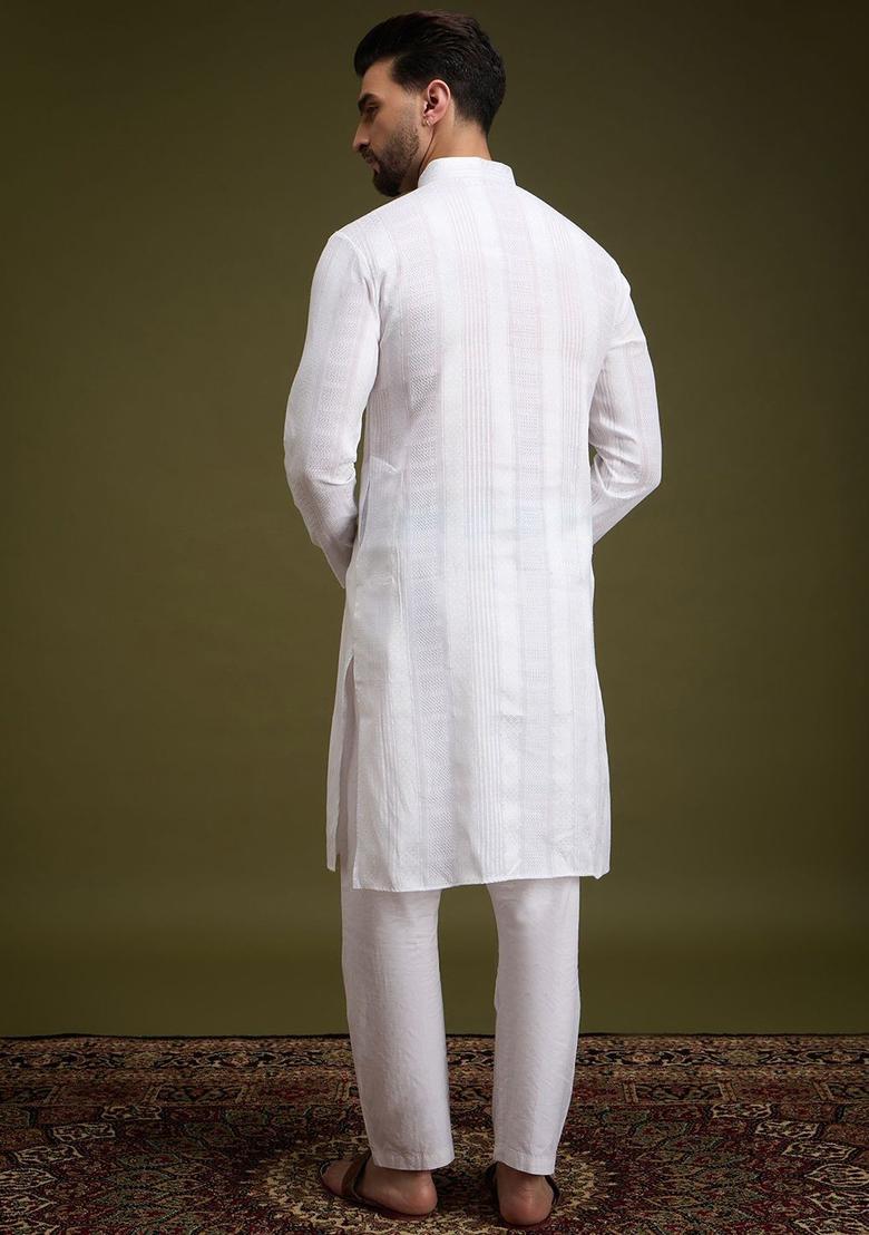 White Embroidered Cotton Kurta For Men - Indya