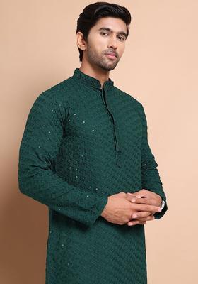 Olive Embroidered Viscose Kurta For Men
