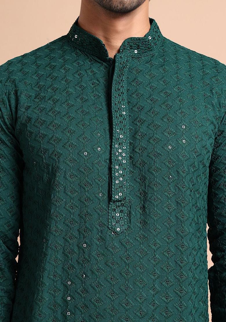 Olive Embroidered Viscose Kurta For Men - Indya